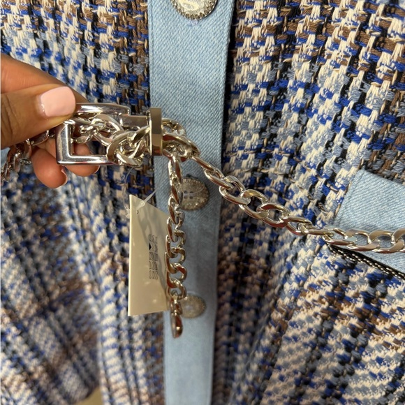 Zara Light Blue and Navy Plaid Tweed Cardigan Jacket size large - Picture 12 of 13